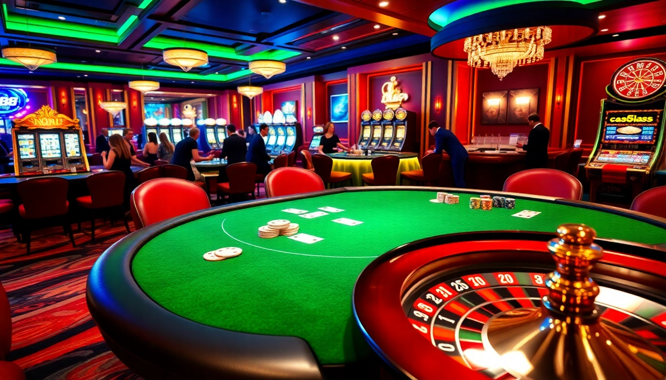 sc88 players enjoying an upscale casino with poker chips and a roulette wheel.