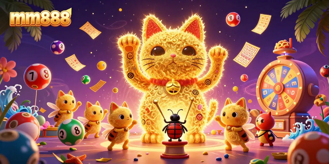 Experience excitement at mm888 with dynamic casino symbols and a lucky cat scene.