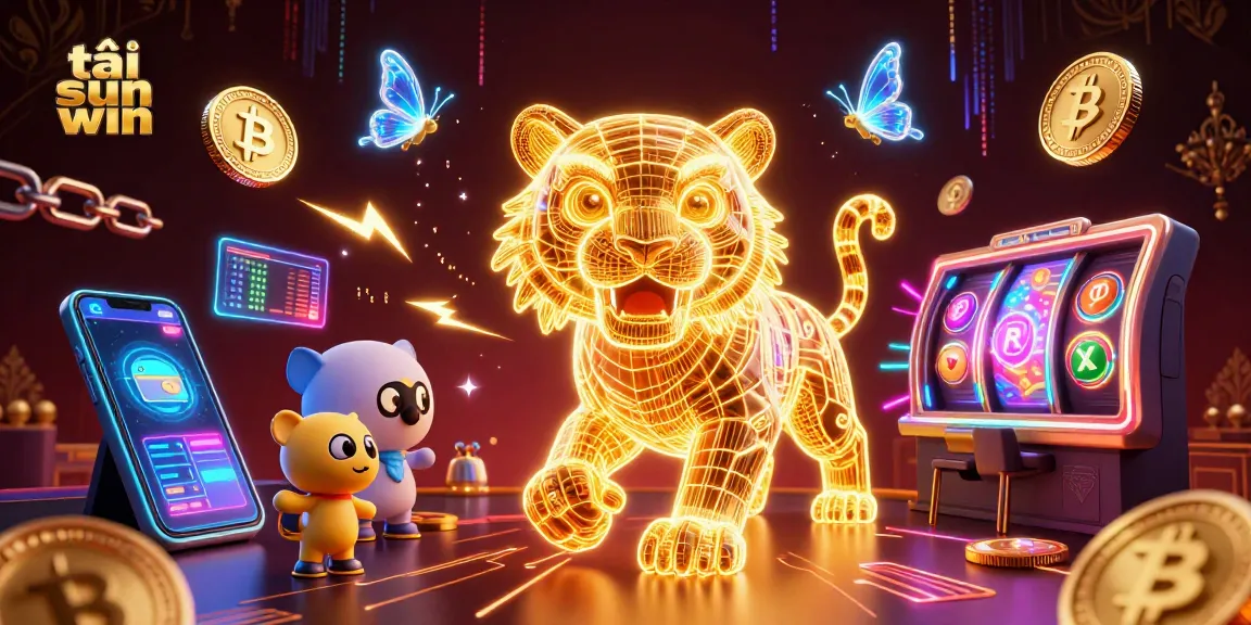 Experience the thrill of tải sun win with a vibrant digital casino landscape featuring a neon tiger and crypto elements.