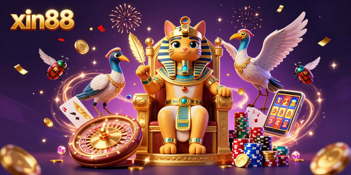 Experience the excitement of xin88 with a vibrant casino scene featuring a pharaoh cat and sparkling games.
