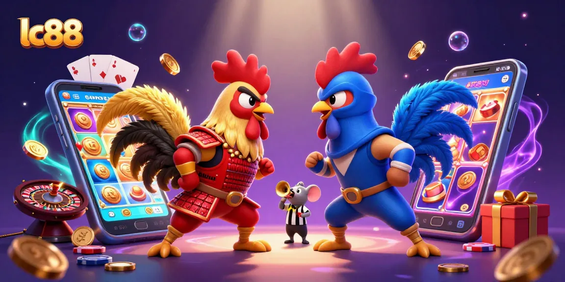 Engage in thrilling gaming action with lc88's dynamic rooster showdown in a vibrant casino setting.