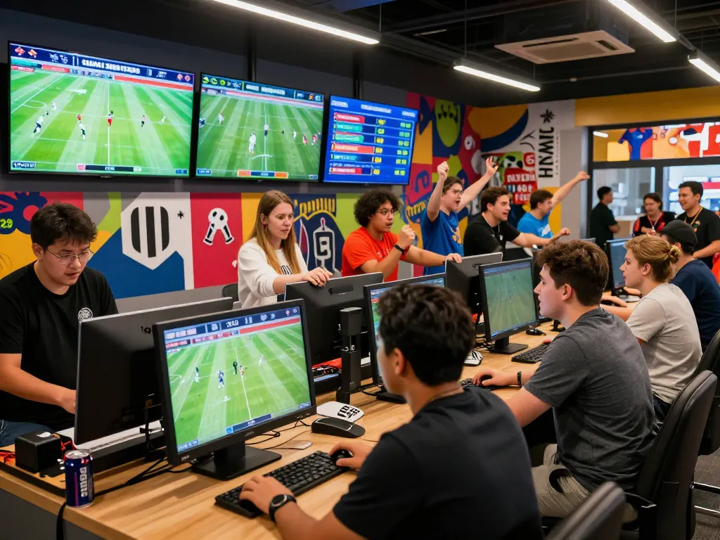 Engaged sports enthusiasts at a vibrant sports betting venue placing kèo nhà cái bets.