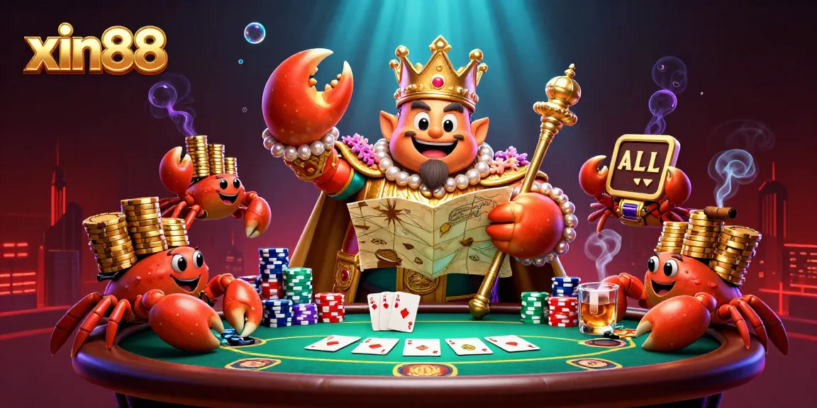 Experience thrilling gameplay at xin88 with a vibrant crab emperor amidst a dynamic poker scene.