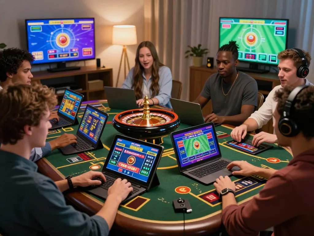 Excited players engaged in online gaming at HM88 platform, showcasing vibrant casino graphics and betting devices.