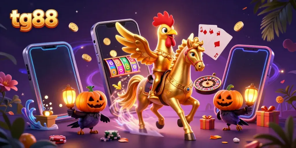Experience excitement at tg88 with a golden rooster in a vibrant casino scene.