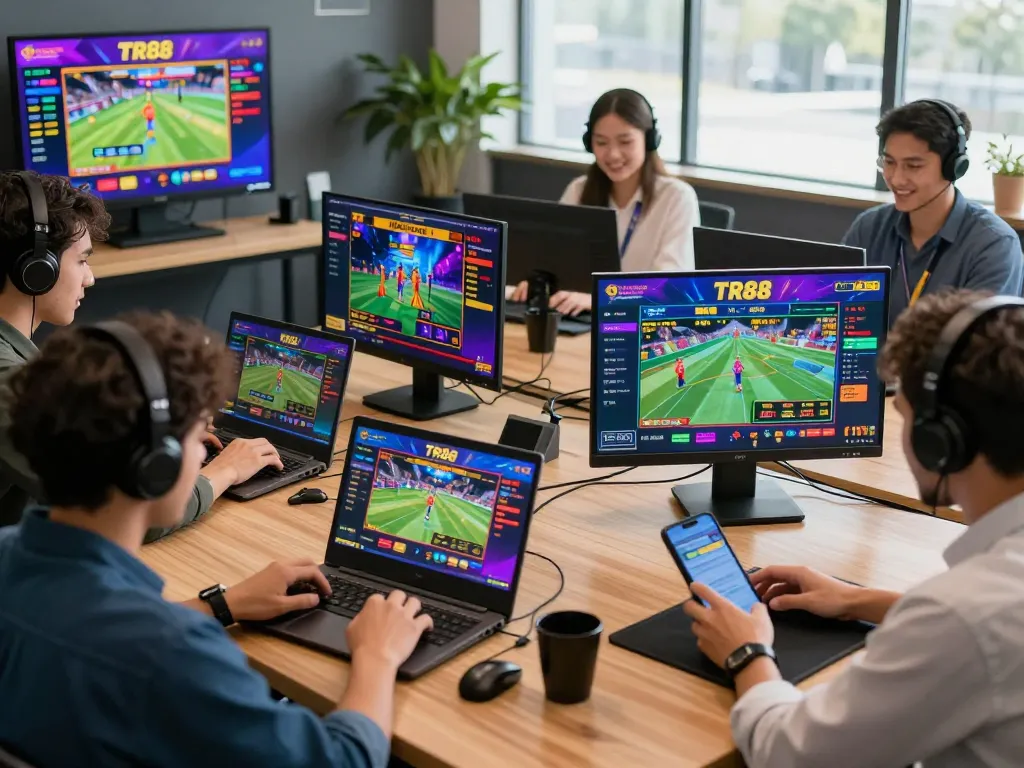Players enjoying tr88 online gaming platform with diverse options, vibrant atmosphere, and friendly support.