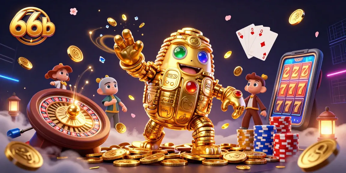 Engage with the exciting theme of 66b through a vibrant 3D casino illustration bursting with dynamic gaming elements.