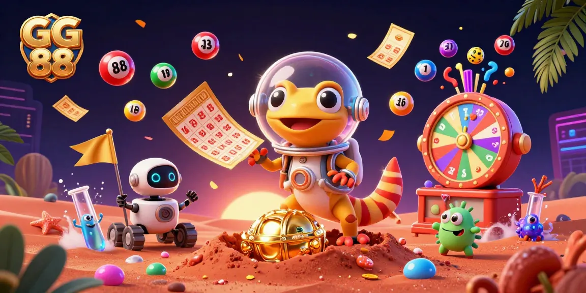 Engage with GG 88 as a Martian gecko explores a vibrant casino amidst lottery balls and festive elements.