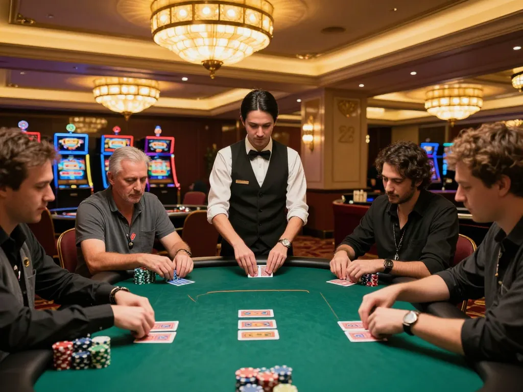 Engaged players at qq88pro poker table celebrating their wins amidst stunning casino decor