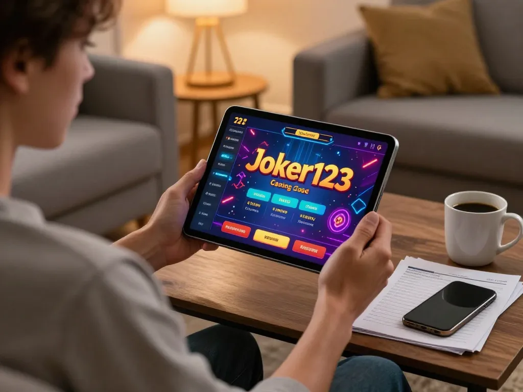 Engaged player enjoying online gaming on Joker123 platform at home, emphasizing strategic betting.