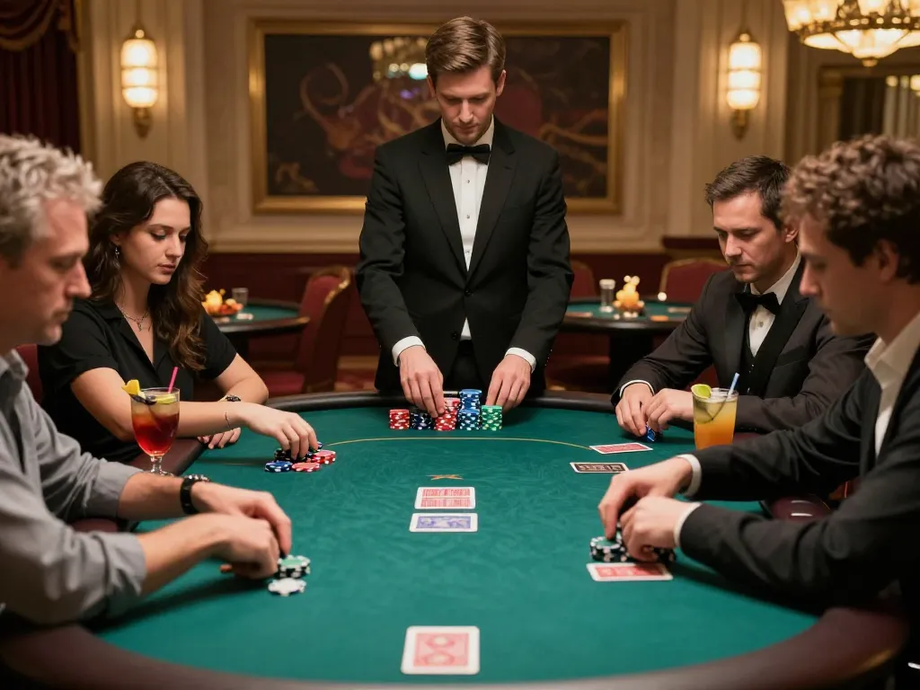 Players engaging in a high-stakes poker game at an upscale venue, showcasing TG88 strategic gameplay.
