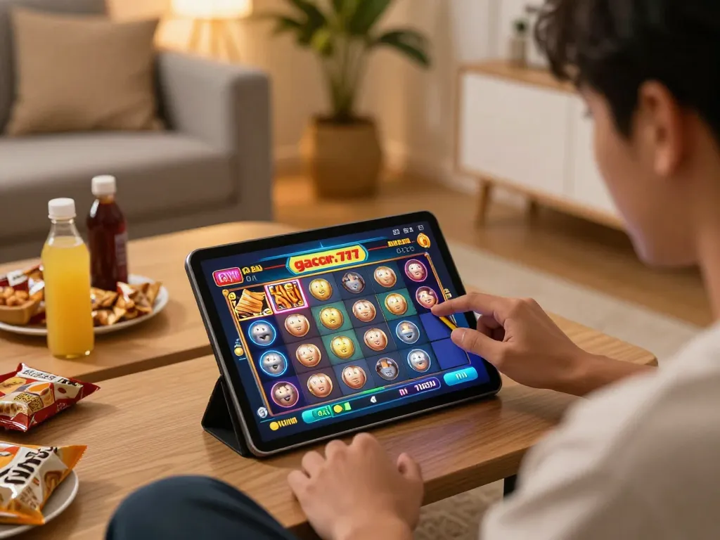 Player enjoying an immersive online slot gacor 777 experience at home with vibrant graphics on tablet
