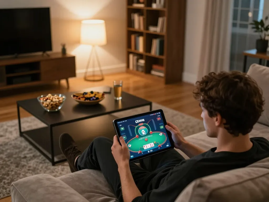 Player enjoying CK444s online poker on a tablet, showcasing enjoying a cozy gaming atmosphere