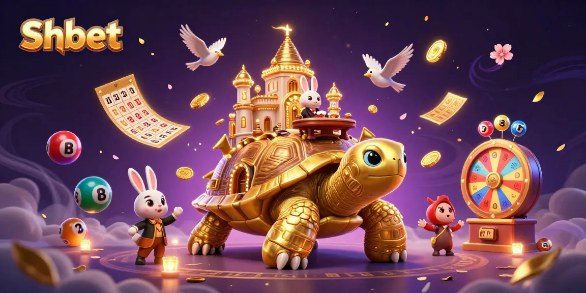Shbet showcases a vibrant casino atmosphere with a golden tortoise and a rabbit dealer amidst dynamic gaming elements.