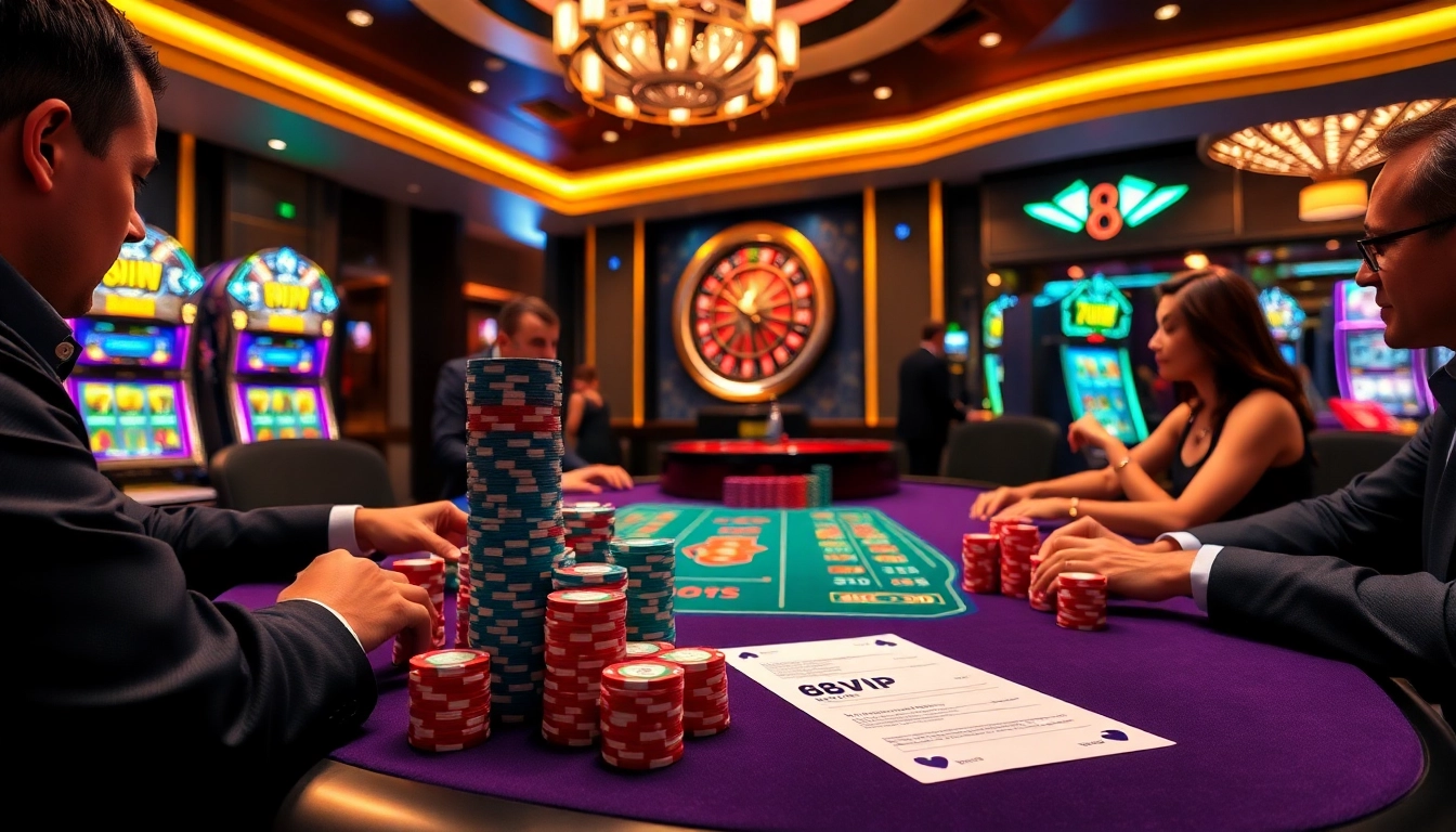 Players enjoying an exciting card game at 68VIP gaming table amidst vibrant casino decor.