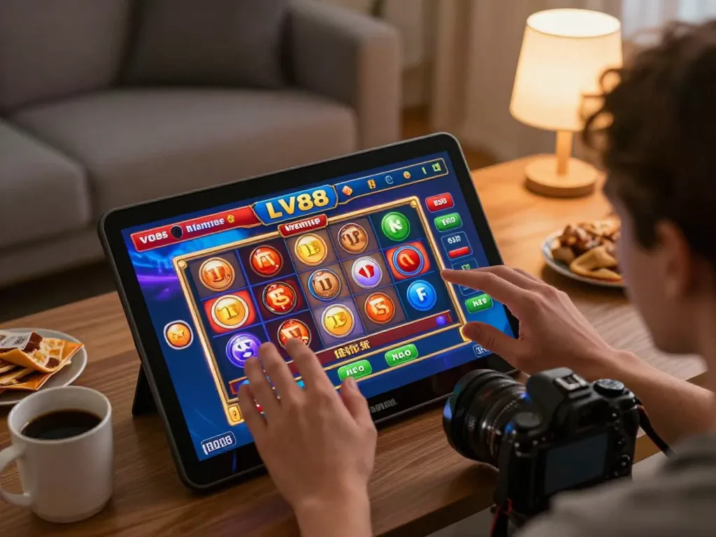 Player engaging with LV88 casino app, placing bets on animated slot game in cozy home setting.