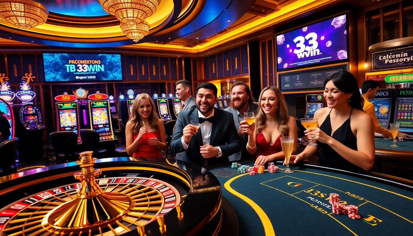 Experience the vibrant excitement of 33win with players engaged at a stylish casino.