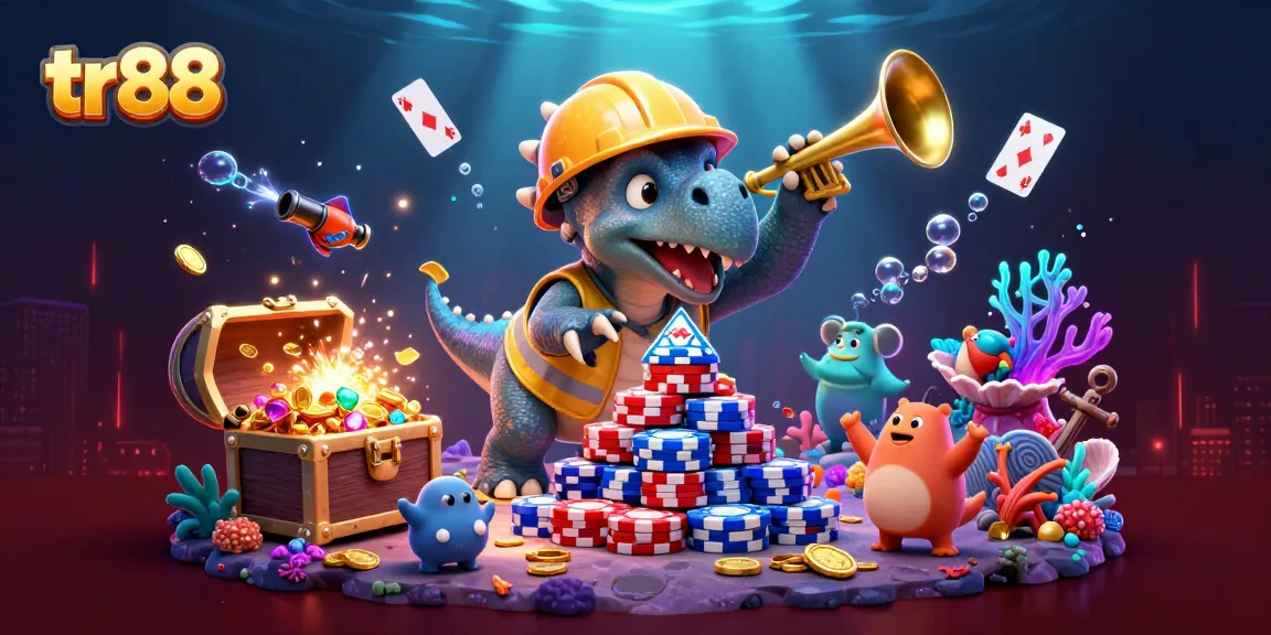 tr88's celebratory casino scene with a triceratops building poker chips surrounded by vibrant elements