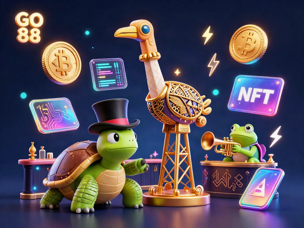 Experience the vibrant atmosphere of GO 88 with a flapper crane, top-hat turtle, and jazz frog in a dynamic 3D casino scene.