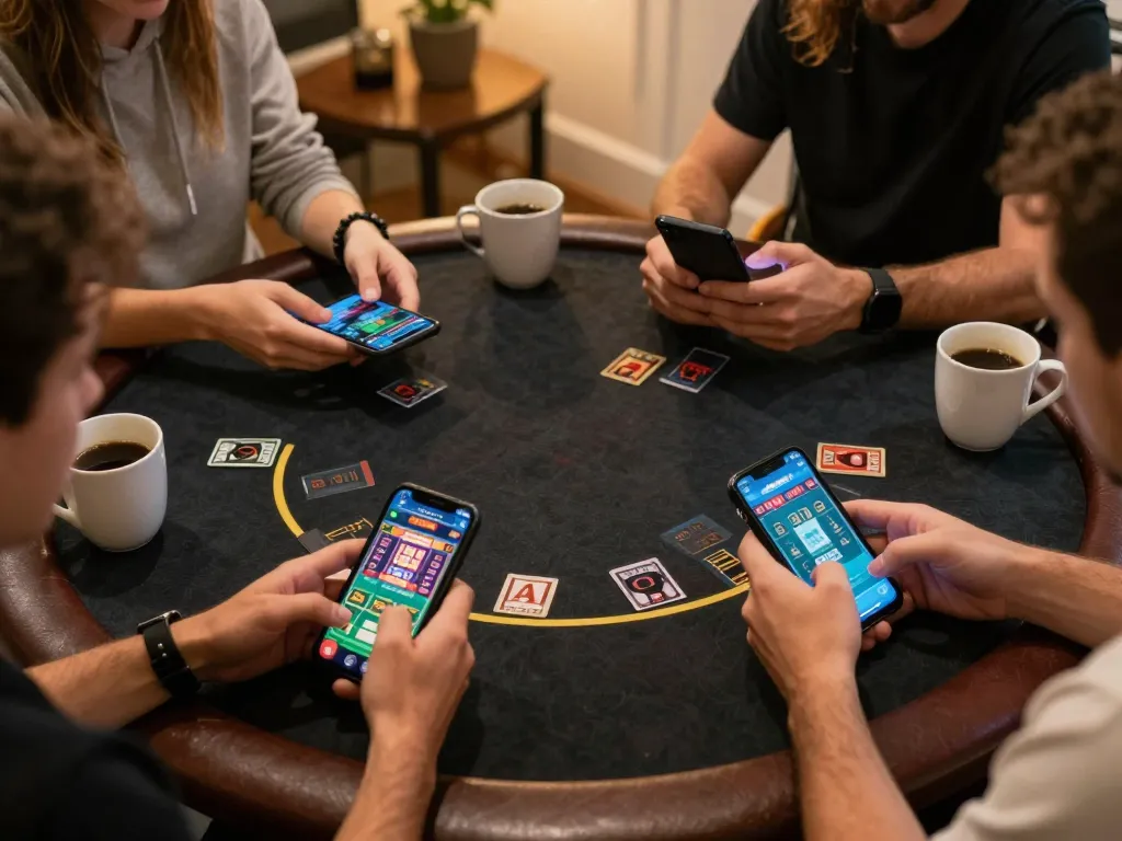 Players enjoying blackjack on mobile devices while immersed in rikvip casino gaming at home.