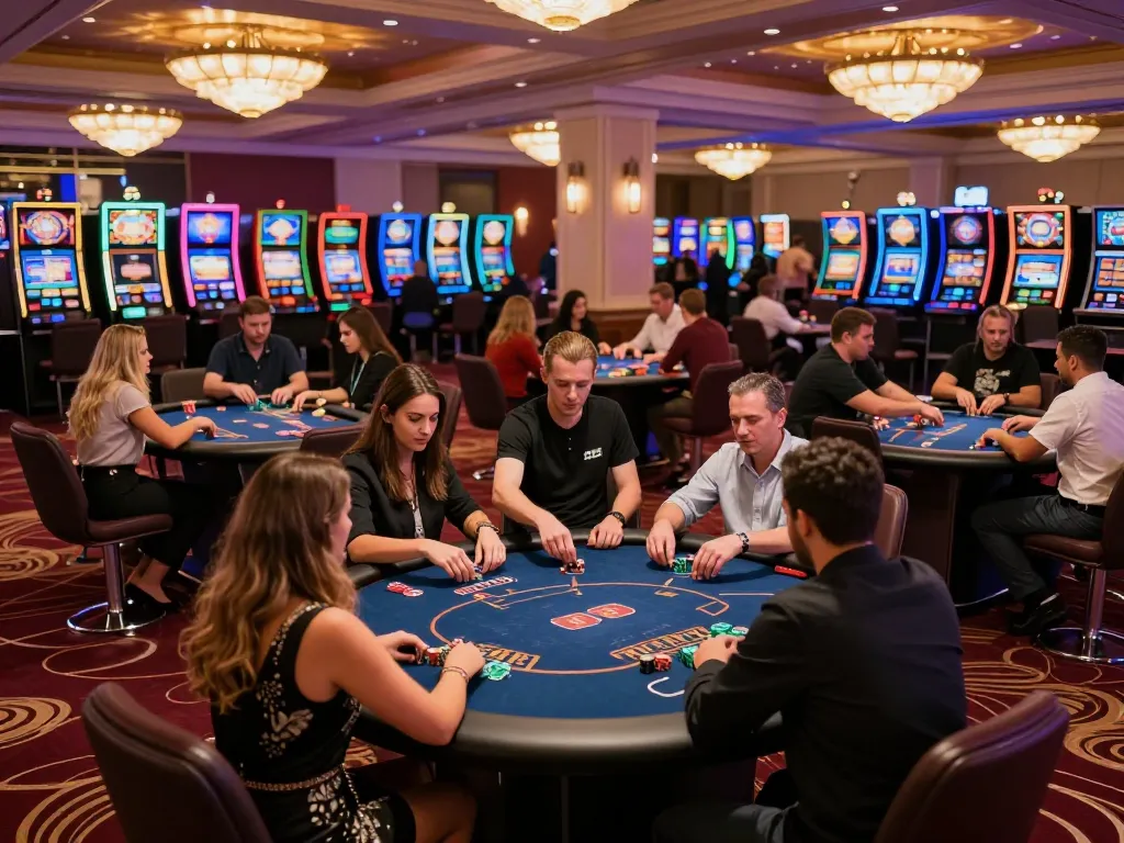 Players engaging in thrilling games at Nhà cái DABET's upscale casino tables, showcased in a vibrant atmosphere.
