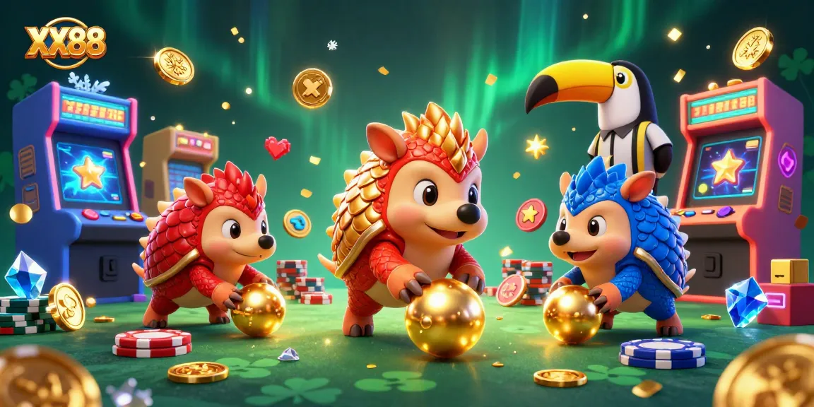 Engage in thrilling gameplay at XX88 with penguins rolling golden balls into poker chips in a vibrant casino atmosphere.