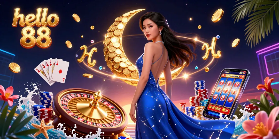 Experience thrilling gaming action with hello 88 as beautiful Asian woman greets players in a vibrant casino scene.