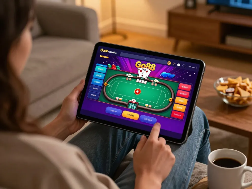 Engaging in Go88 online poker gameplay on a tablet in a cozy home environment