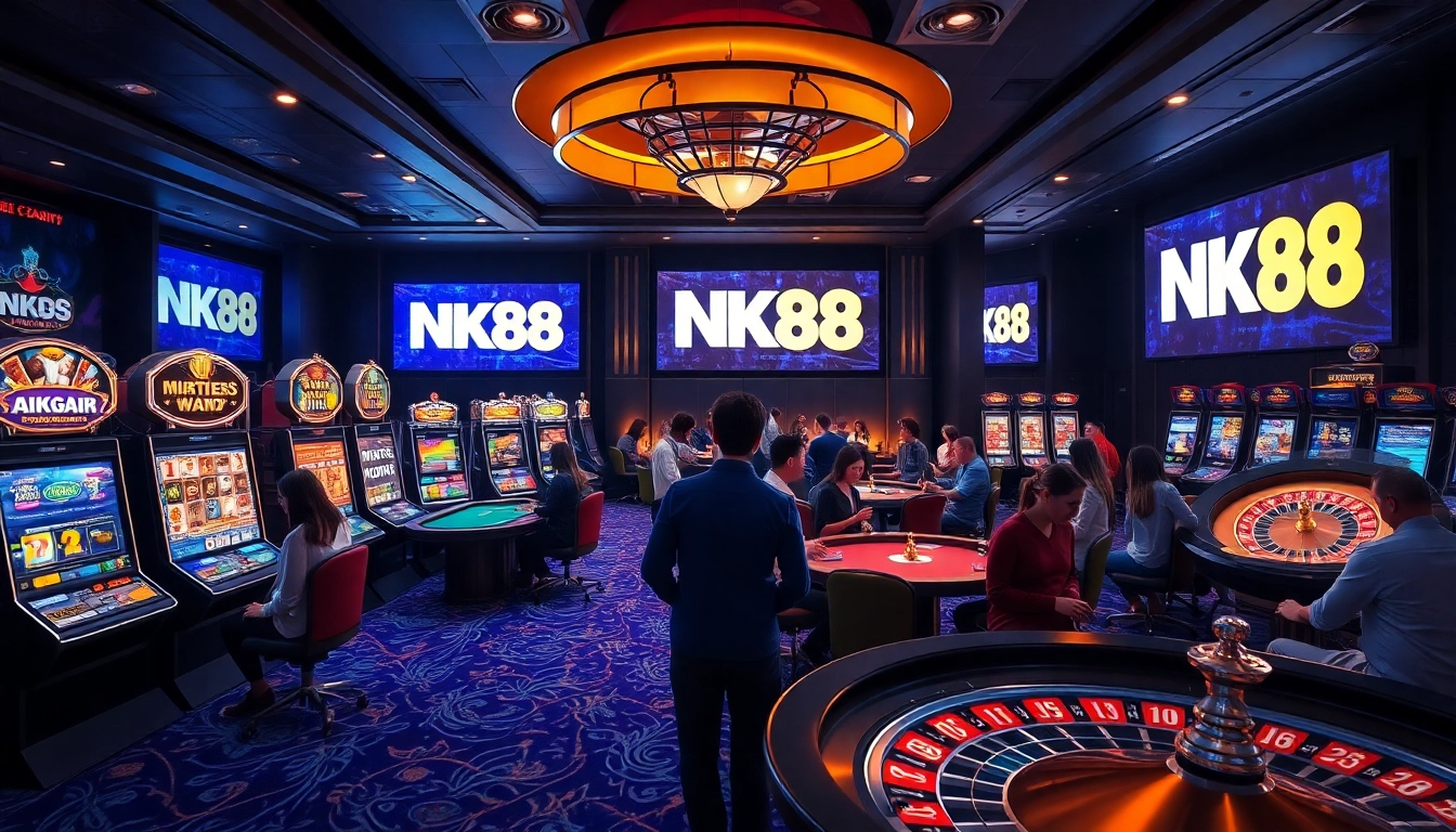 Experience the thrill of NK88 with vibrant slot machines and poker tables in an upscale online casino setting.