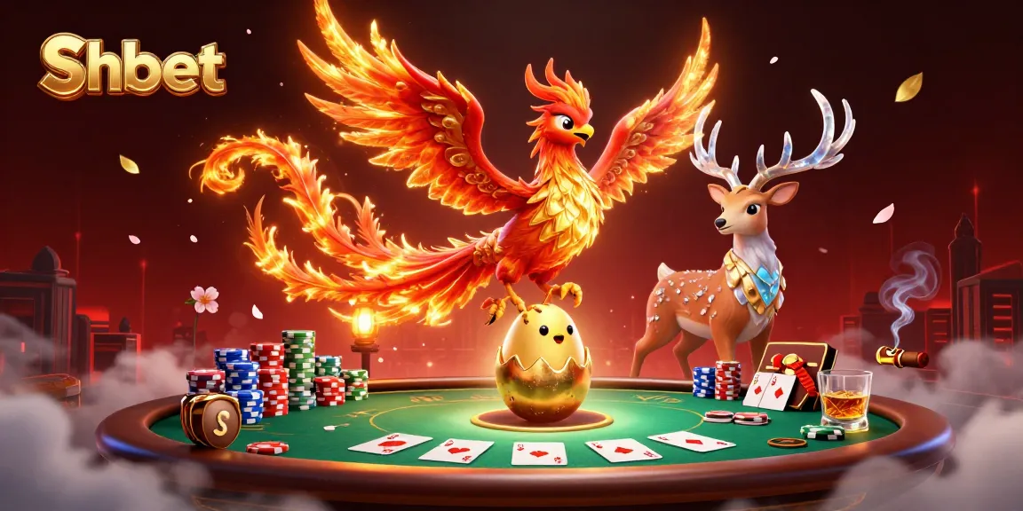 Experience the thrill of Shbet with vibrant visuals of a phoenix and poker elements in an exciting casino setting.
