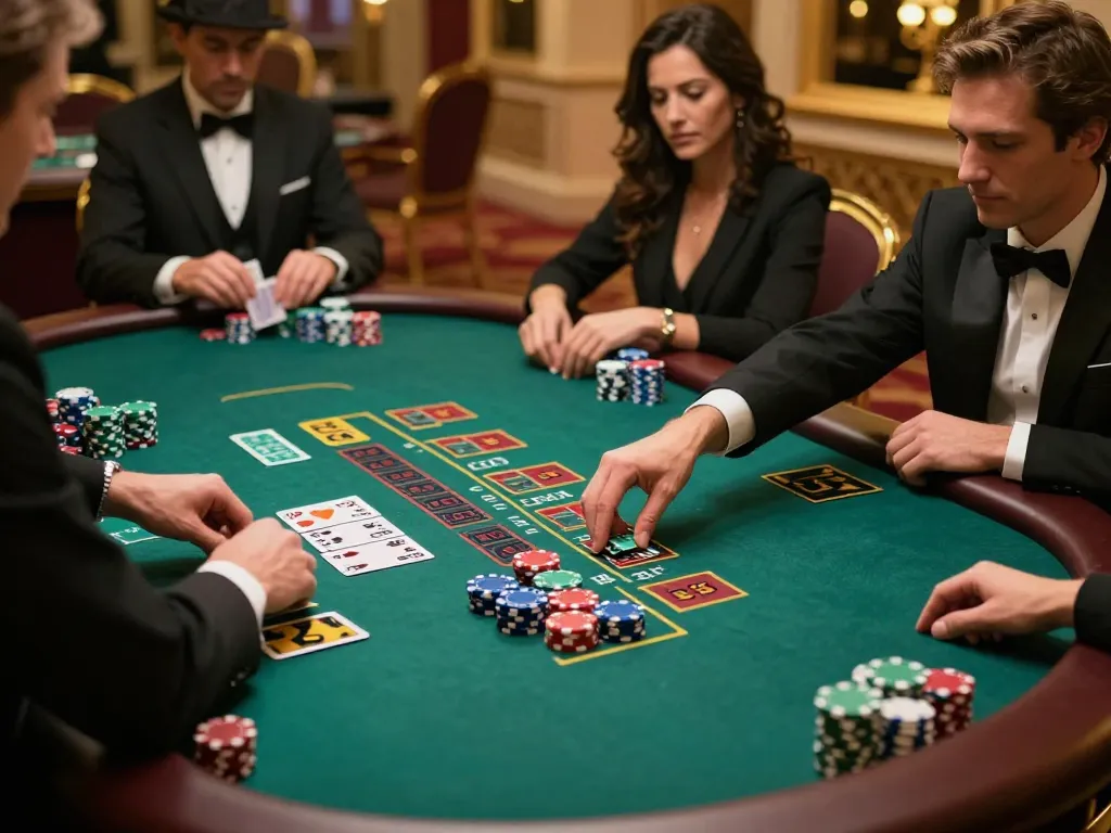 Engaging blackjack gameplay at QQ88 casino, showcasing players and dealer in a luxurious setting