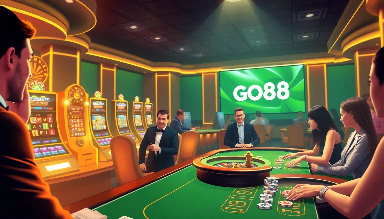 High-stakes gaming experience at https://go88app.cn.com/ with luxurious casino tables and excited players.
