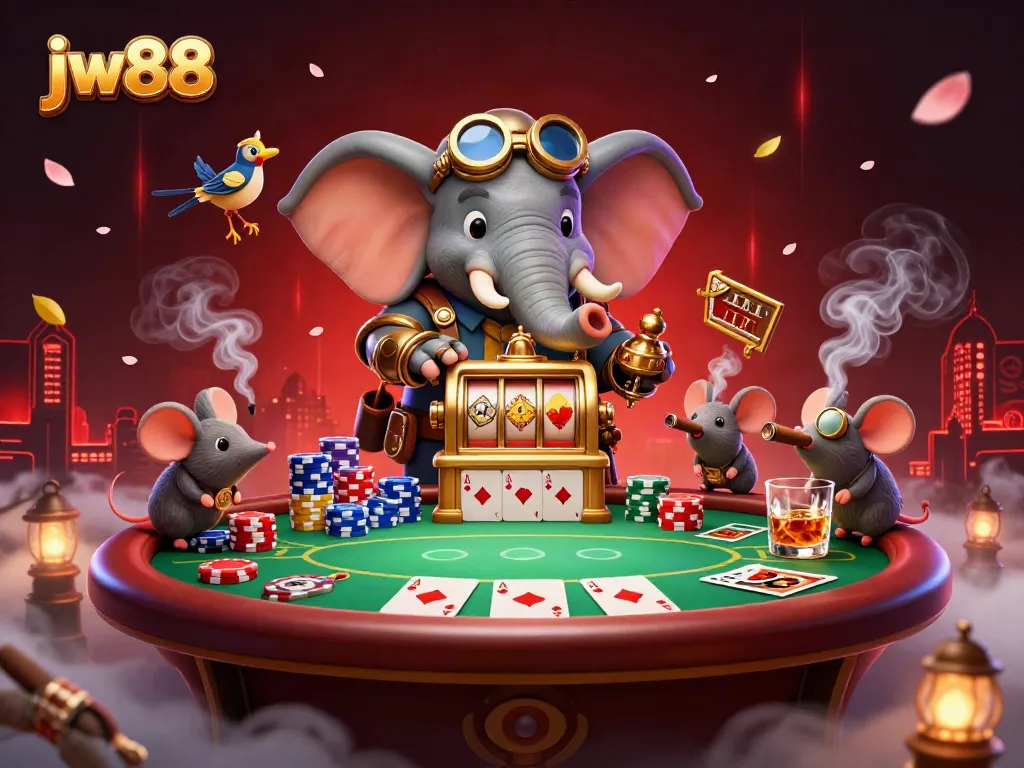 Experience the excitement of jw88 with a lively 3D casino illustration featuring a steampunk elephant engineer.