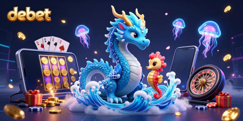 Experience vibrant gaming excitement with debet, featuring fantastical creatures amidst casino elements.
