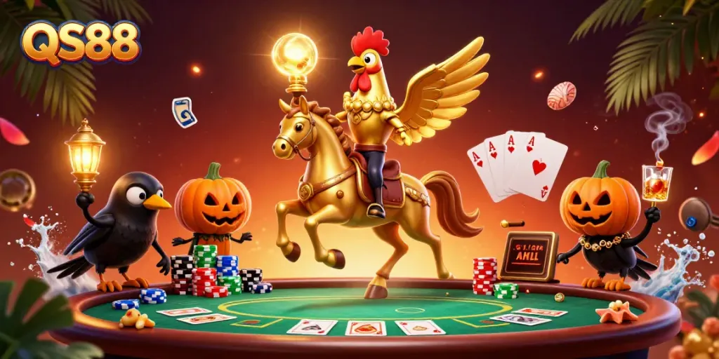Engage in thrilling gameplay at QS88 casino, featuring dynamic characters in a vibrant, illuminated scene.