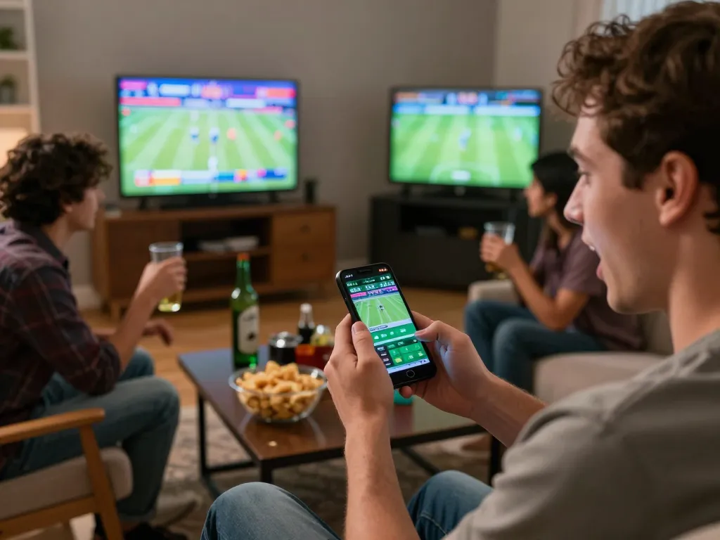 Busy sports betting scene showcasing keobongda app on smartphone with enthusiastic friends watching games.