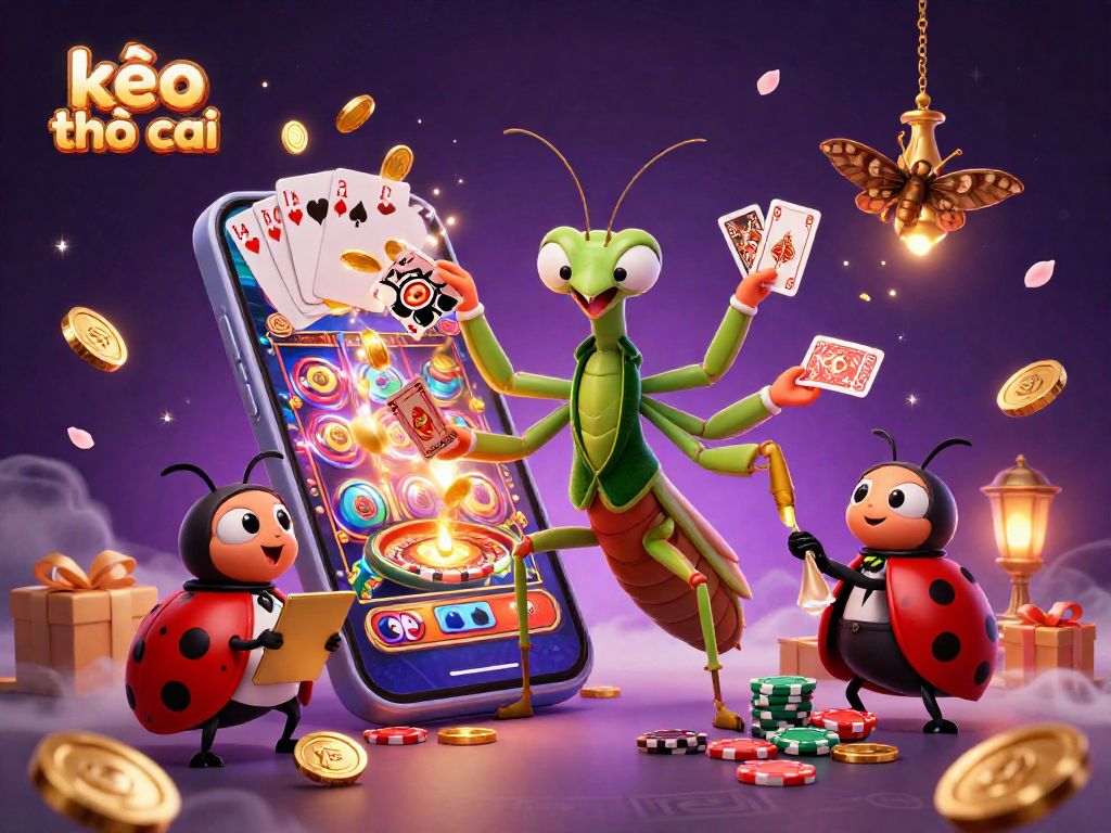 Experience kèo nhà cái with a vibrant casino scene featuring a giant card shark and pit boss overseeing games.