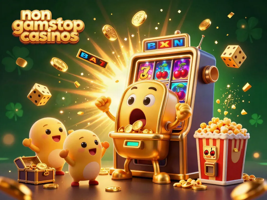 Experience exciting action at non gamstop casinos as golden slot machines celebrate jackpots amidst colorful game elements.