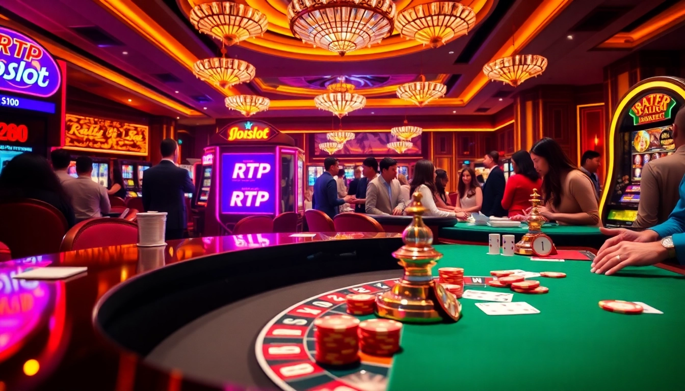 Experience the thrill of RTP Iboslot at a luxurious casino, featuring vibrant gaming tables and exciting visuals.
