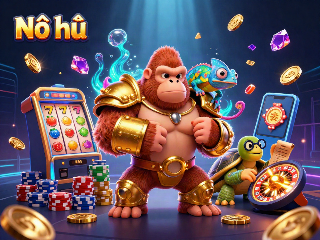 Nổ hũ slot machine illustration featuring a gorilla king, chameleon, and tortoise elder in a dynamic casino scene