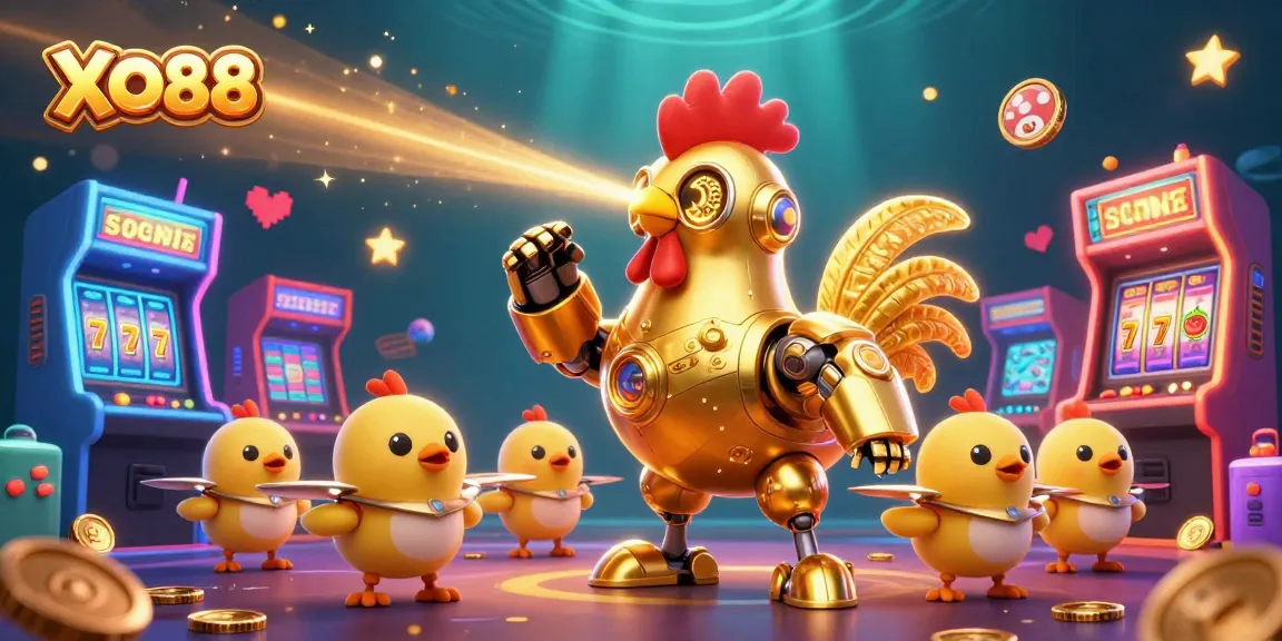 Experience the excitement of XO88's slot games with vibrant 3D illustrations showcasing thrilling casino elements.