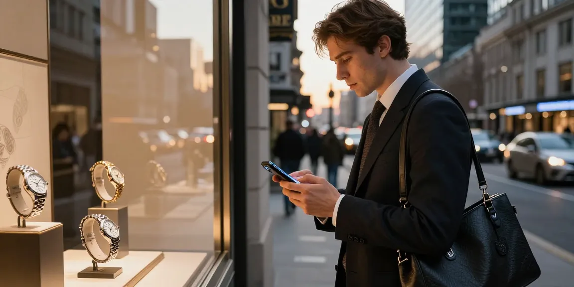 Stylish individual examining a luxury replica watch in urban setting, showcasing elegance and sophistication.