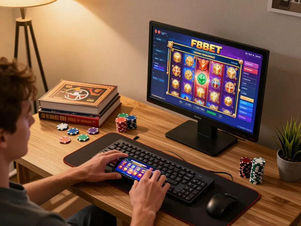Engaging in F8BET mobile casino gaming with smartphone in a cozy home setup, showcasing vibrant gameplay.