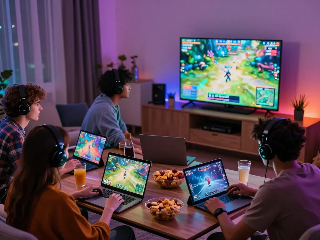 Friends enjoying sun win gaming experience in a vibrant home setup filled with snacks and excitement.
