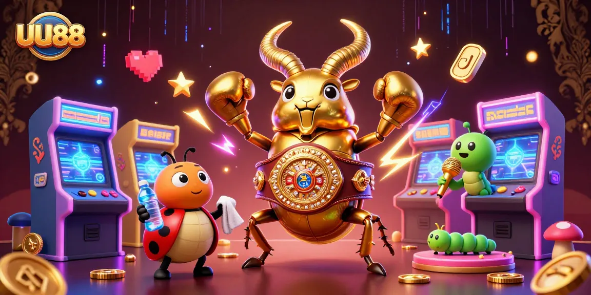 UU88 gaming scene depicted with a giant golden stag beetle and arcade elements, capturing excitement.