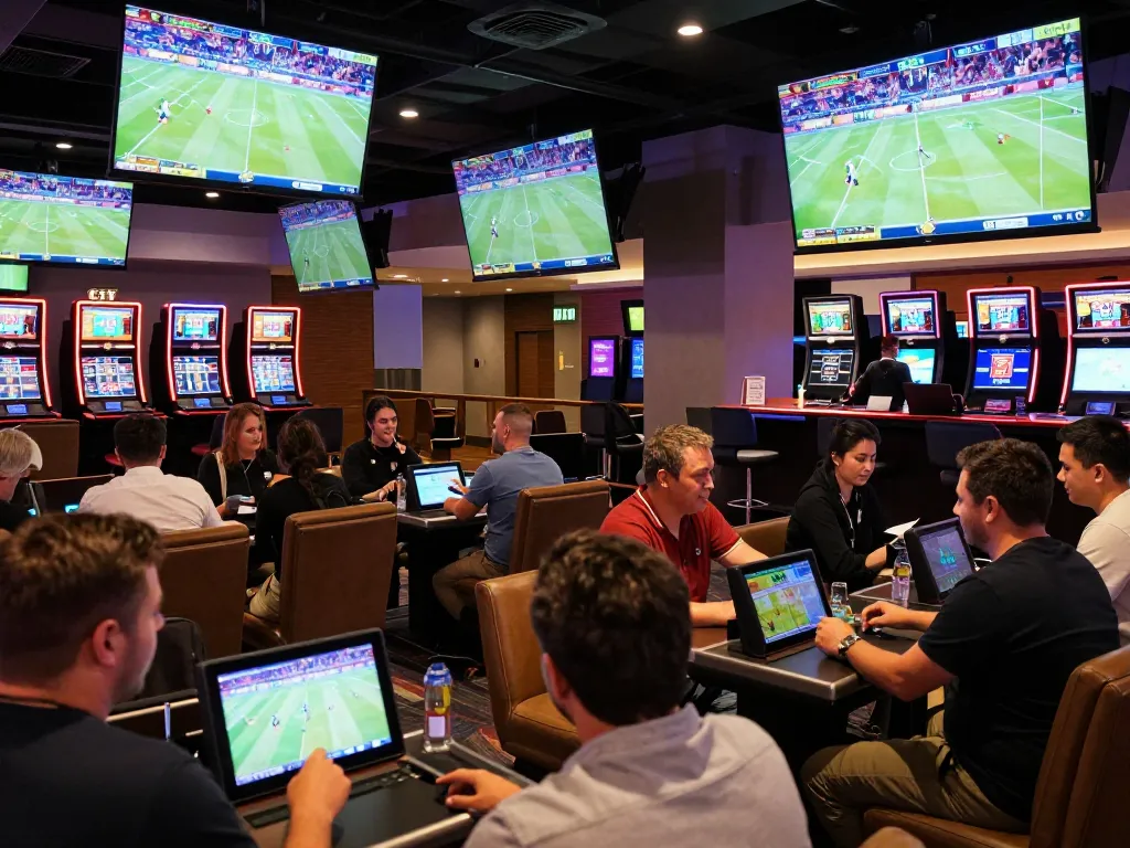pub88 patrons eagerly placing bets on sports games in a lively casino environment