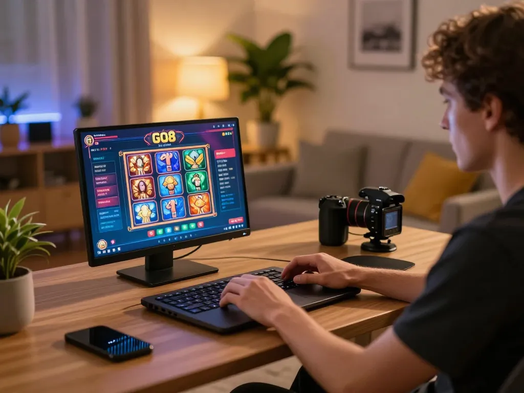 Engaging gaming scene with person using laptop for GO8, highlighting strategic online gambling