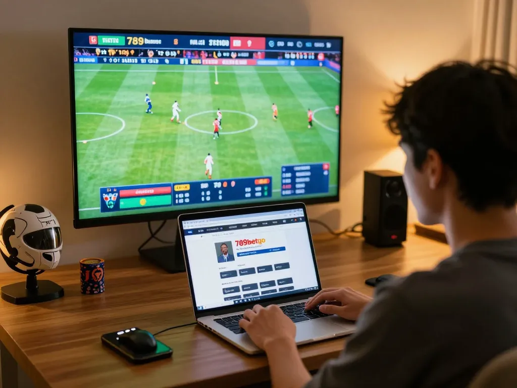 Person engaging in live sports betting on 789betgo while watching a game on TV.