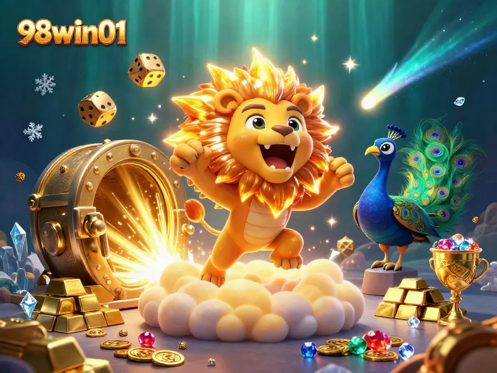 Win big with 98win01 in this vibrant 3D casino illustration featuring treasures and game elements.