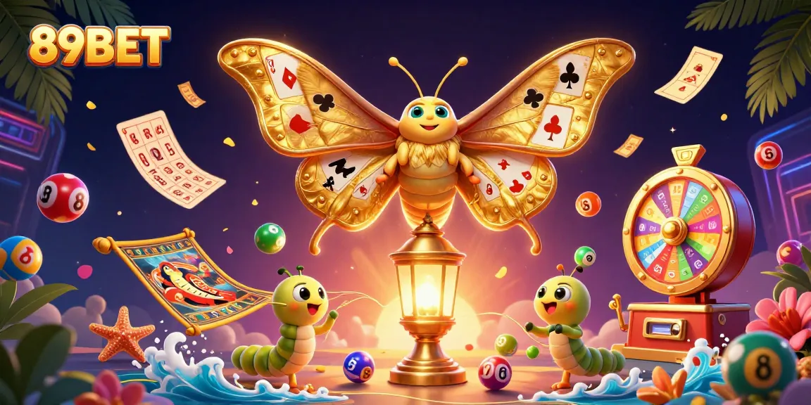 A vibrant casino scene featuring 89BET with a golden moth, lottery balls, and festive gaming elements.